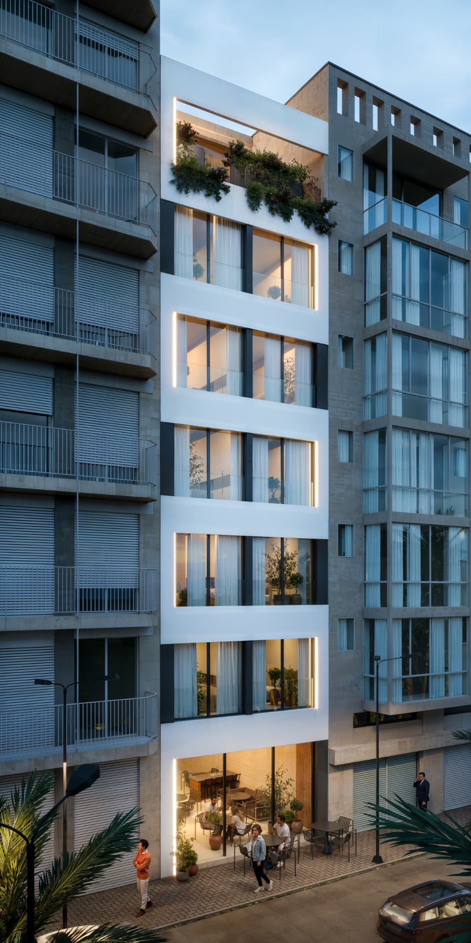 Render de la fachada de SEAZEN SUITES al anochecer