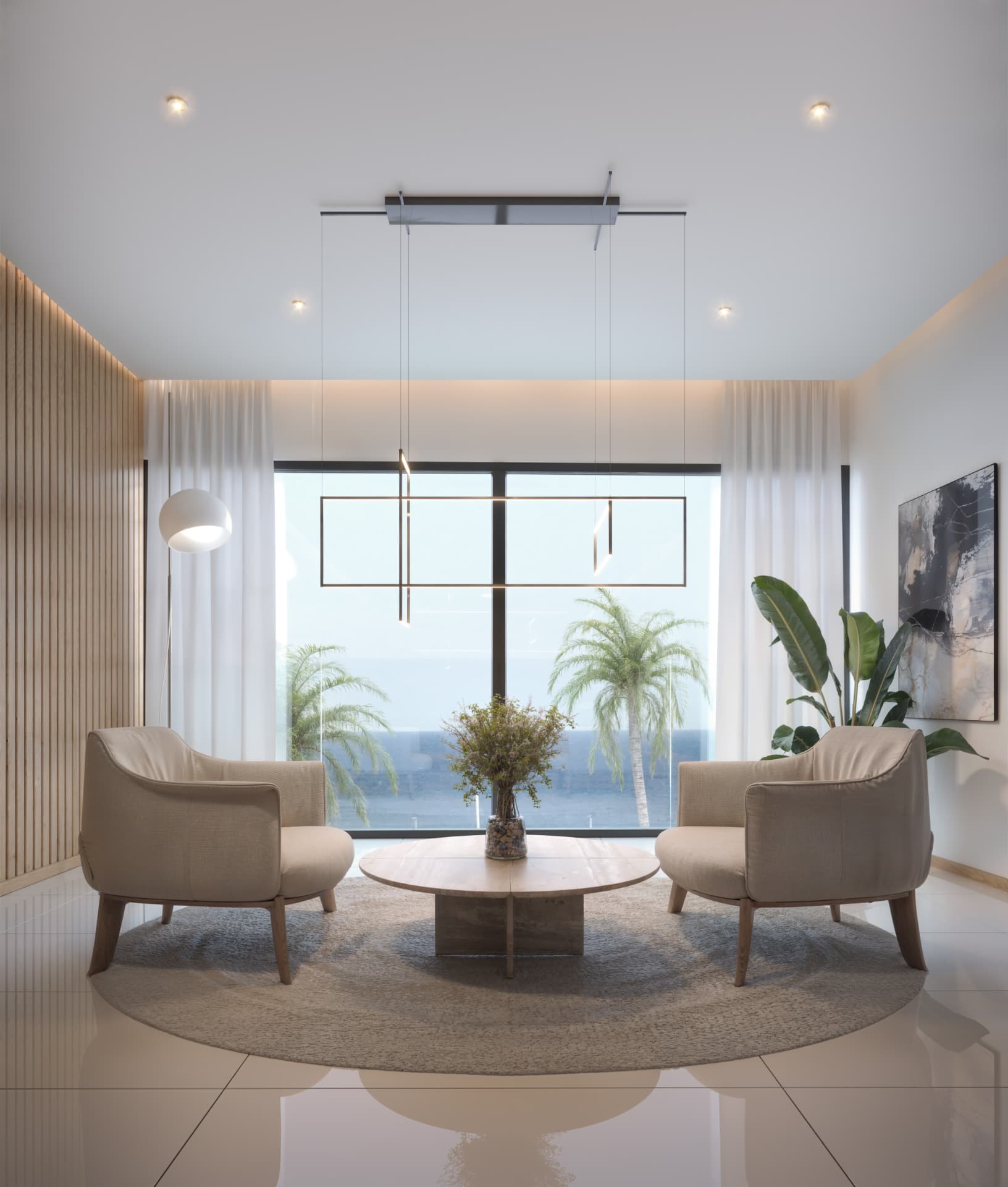 Render arquitectónico del Lobby & Lounge privado de SEAZEN SUITES