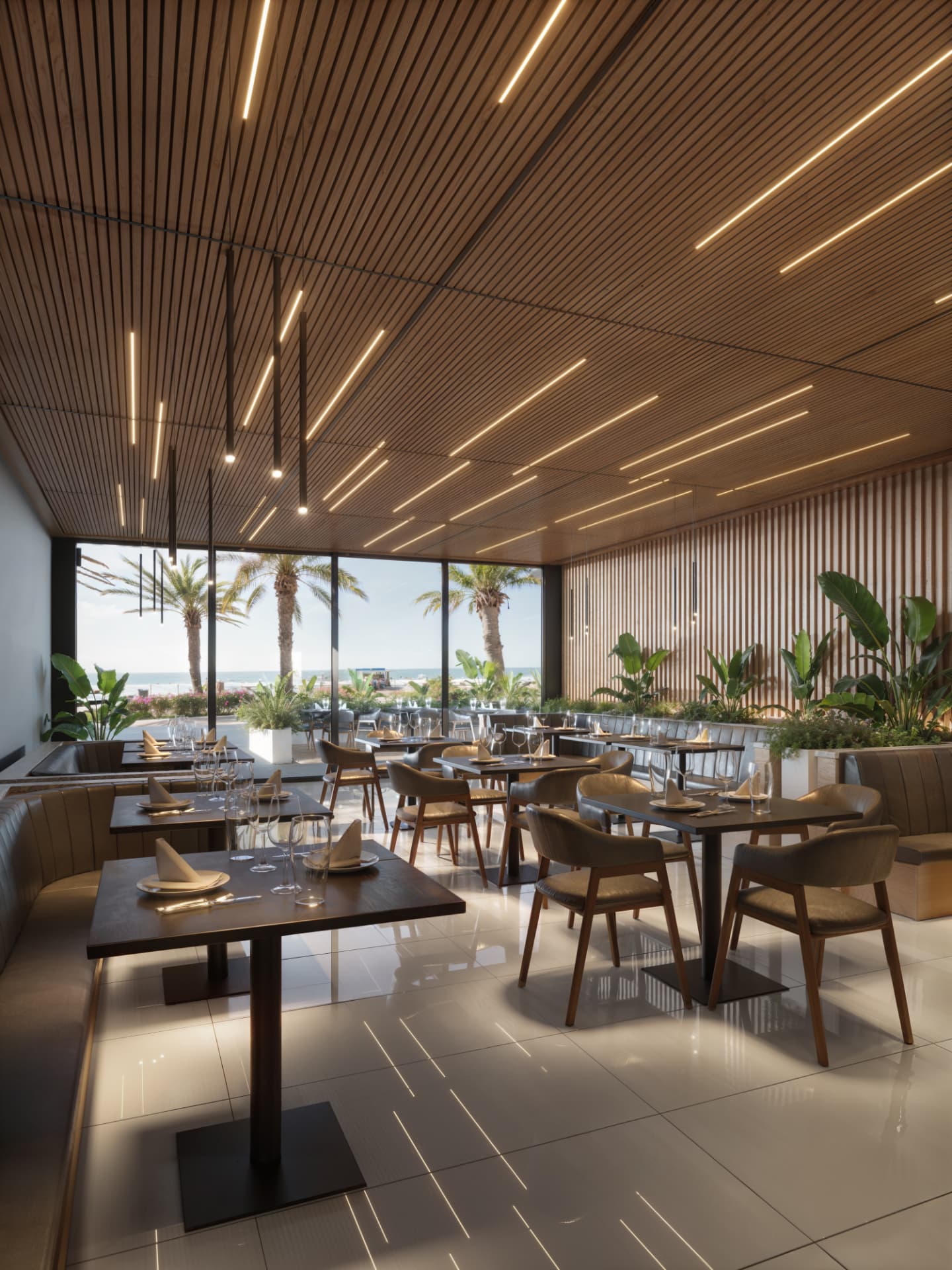 Render de un espacio interior frente al paseo marítimo